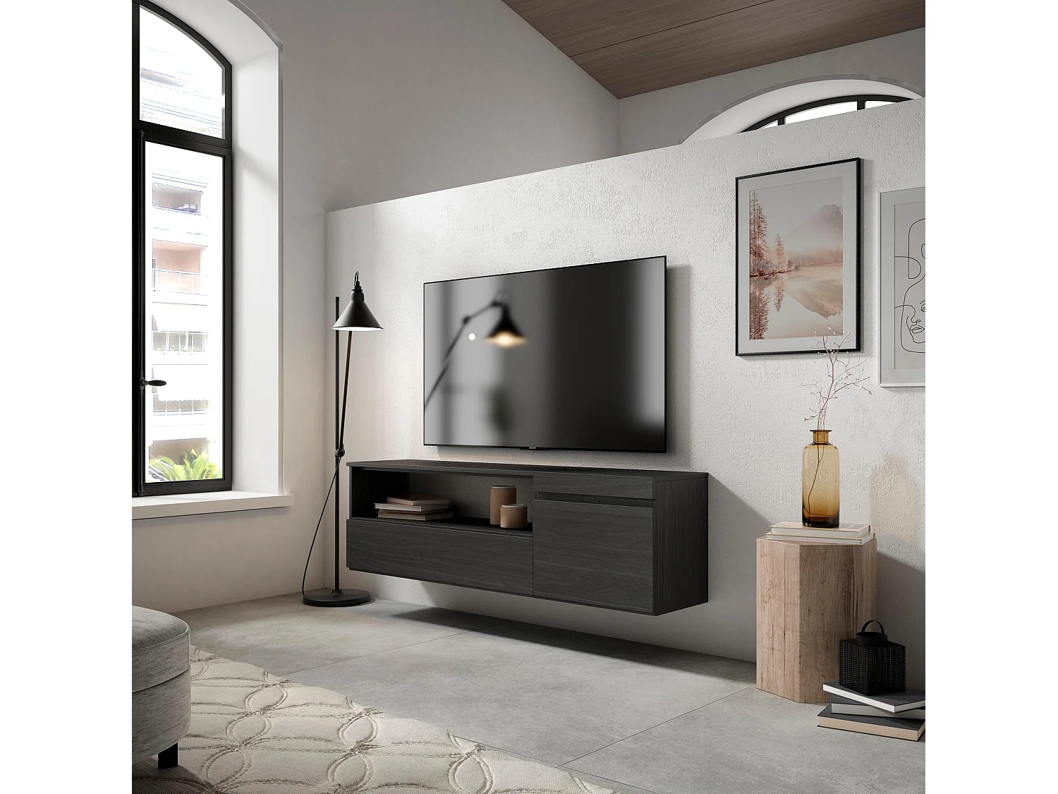 TV-Meubel, Lowboard, 150x35x45cm, Voor tv's tot 65", Hangend, Zwart