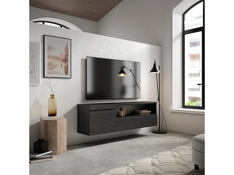 Meuble TV, Banc Télé, 150x35x45cm, Pour les TV jusqu'à 65", Suspendu, Mural, Noir