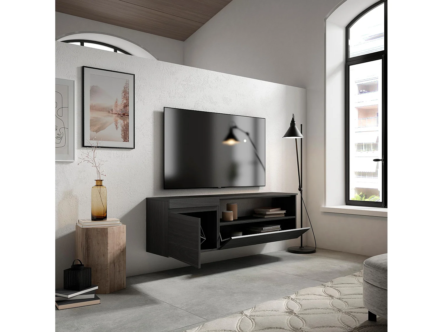 TV-Meubel, Lowboard, 150x35x45cm, Voor tv's tot 65", Hangend, Zwart