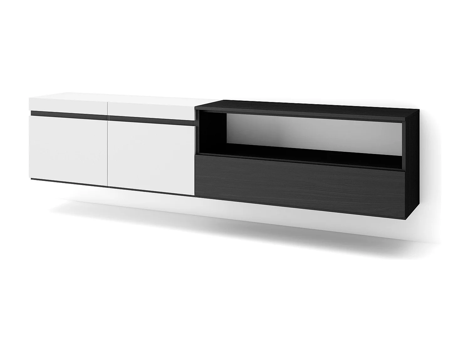 TV-Schrank, Lowboard, 200x35x45cm, Für TV-Geräte bis zu 80", Hängend, Weiß und Schwarz