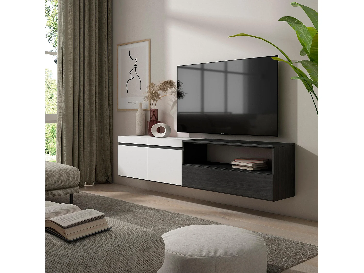 TV-Meubel, Lowboard, 200x35x45cm, Voor tv's tot 80", Hangend, Wit en Zwart