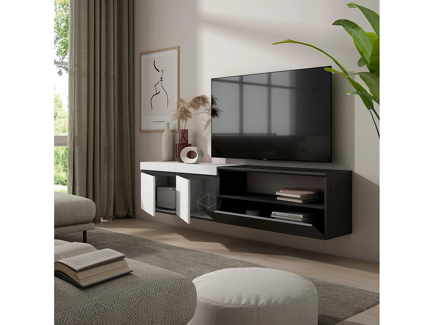 TV-Meubel, Lowboard, 200x35x45cm, Voor tv's tot 80", Hangend, Wit en Zwart