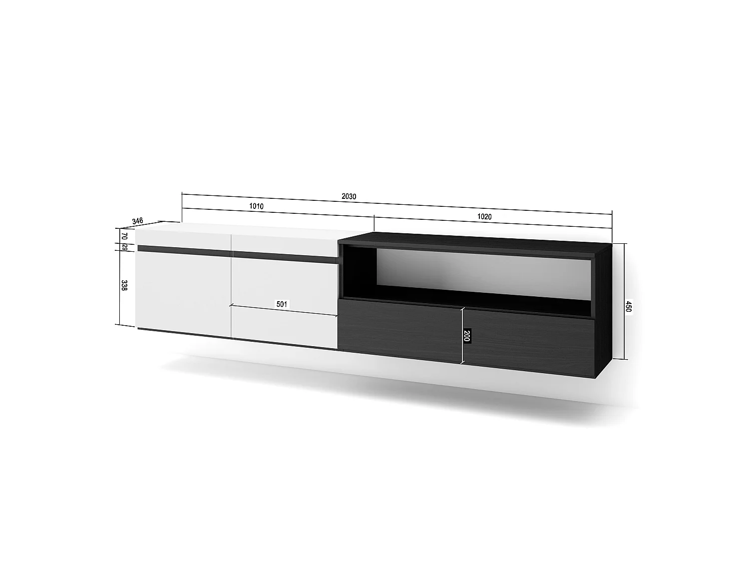 TV-Meubel, Lowboard, 200x35x45cm, Voor tv's tot 80", Hangend, Wit en Zwart
