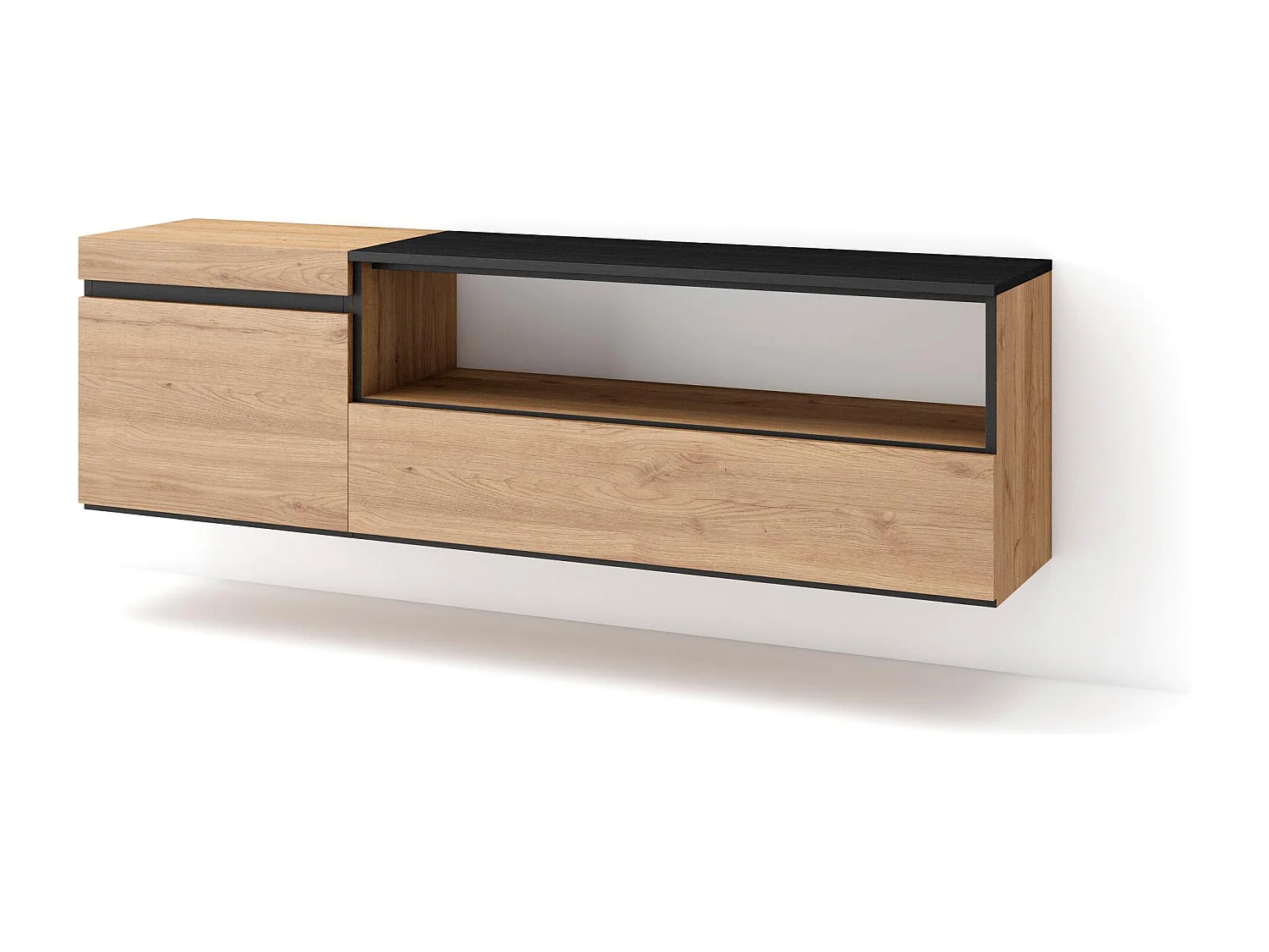 TV-Schrank, Lowboard, 150x35x45cm, Für TV-Geräte bis zu 65", Hängend, Eiche Schwarz