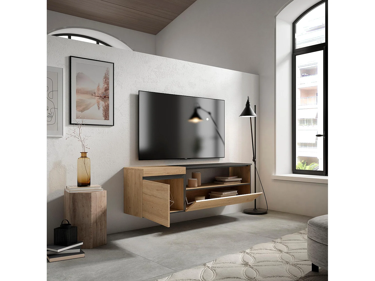 TV-Schrank, Lowboard, 150x35x45cm, Für TV-Geräte bis zu 65", Hängend, Eiche Schwarz