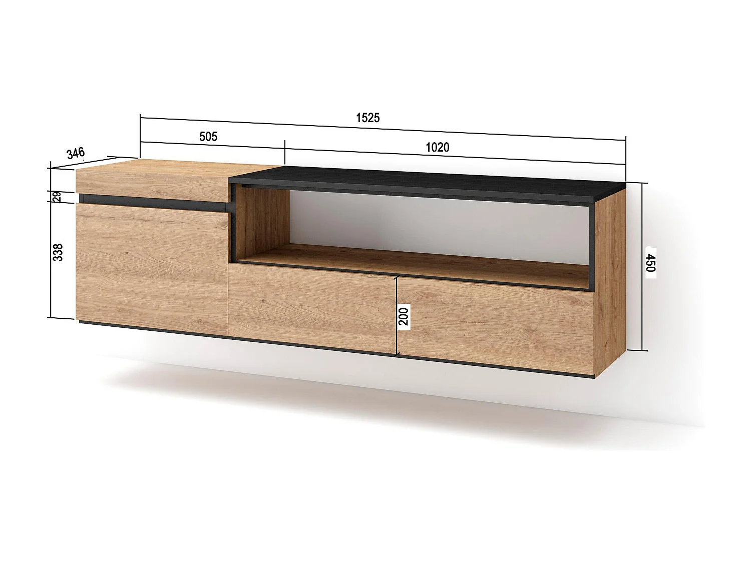 TV-Schrank, Lowboard, 150x35x45cm, Für TV-Geräte bis zu 65", Hängend, Eiche Schwarz