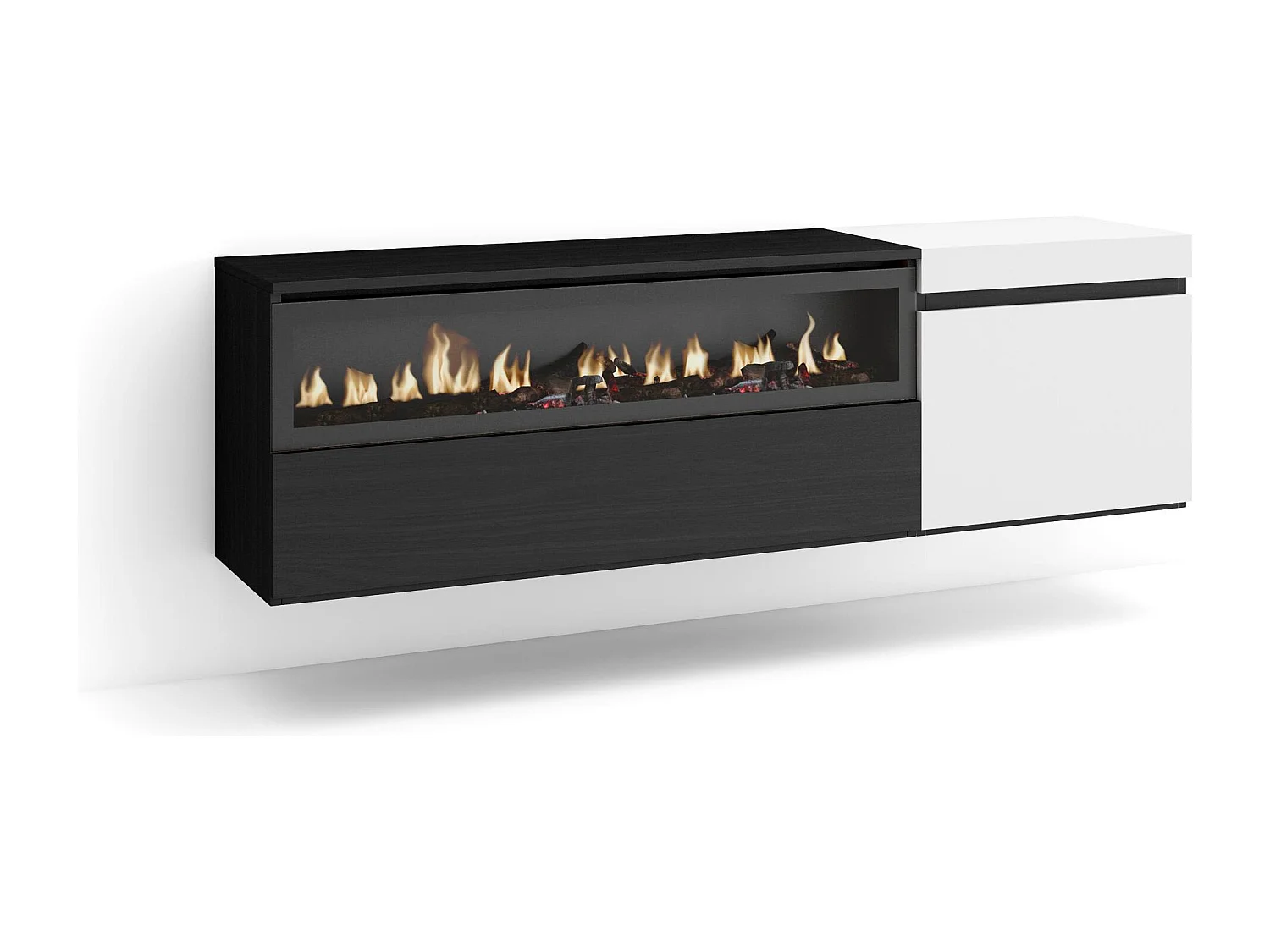 TV-Schrank, Lowboard, 150x35x45cm, Für TV-Geräte bis zu 65", Elektrokamin, Hängend, Weiß und Schwarz