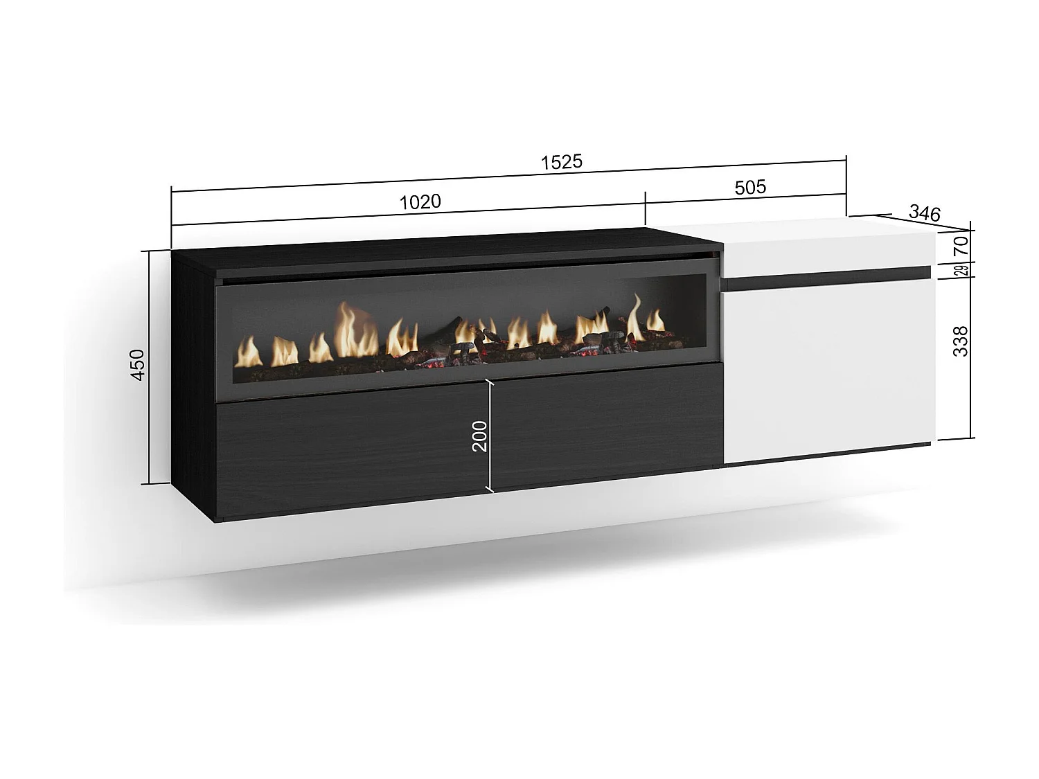 TV-Schrank, Lowboard, 150x35x45cm, Für TV-Geräte bis zu 65", Elektrokamin, Hängend, Weiß und Schwarz