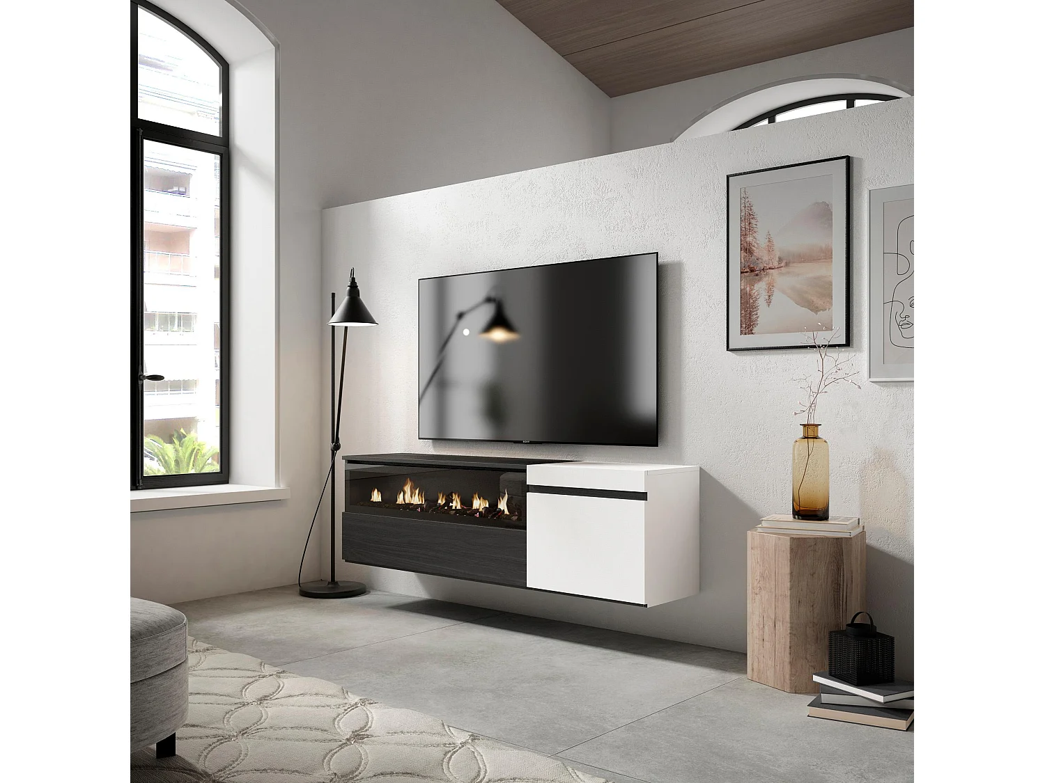 TV-Meubel, Lowboard, 150x35x45cm, Voor tv's tot 65", Elektrische haard, Hangend, Wit en Zwart