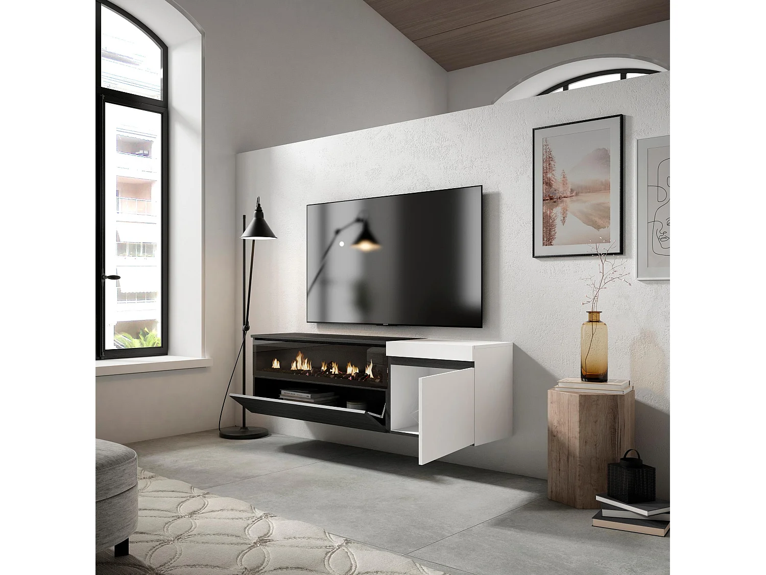 TV-Meubel, Lowboard, 150x35x45cm, Voor tv's tot 65", Elektrische haard, Hangend, Wit en Zwart