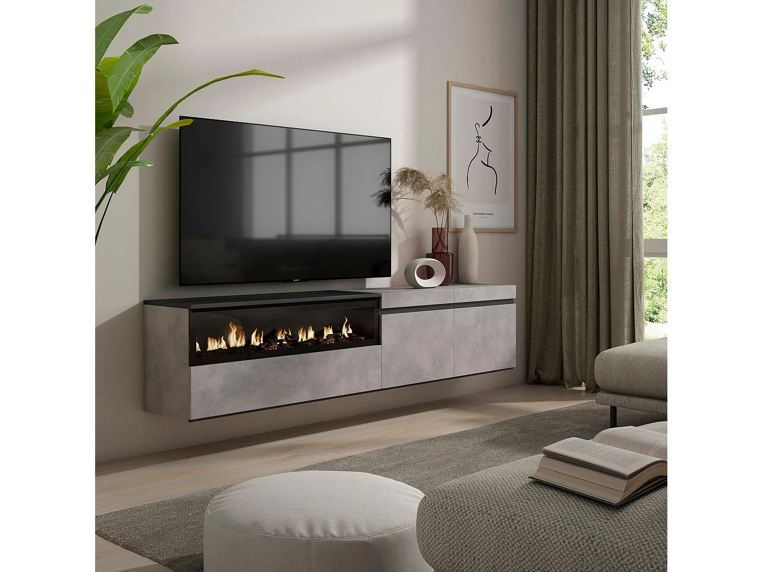 TV-Schrank, Lowboard, 200x35x45cm, Für TV-Geräte bis zu 80", Elektrokamin, Hängend, Zement