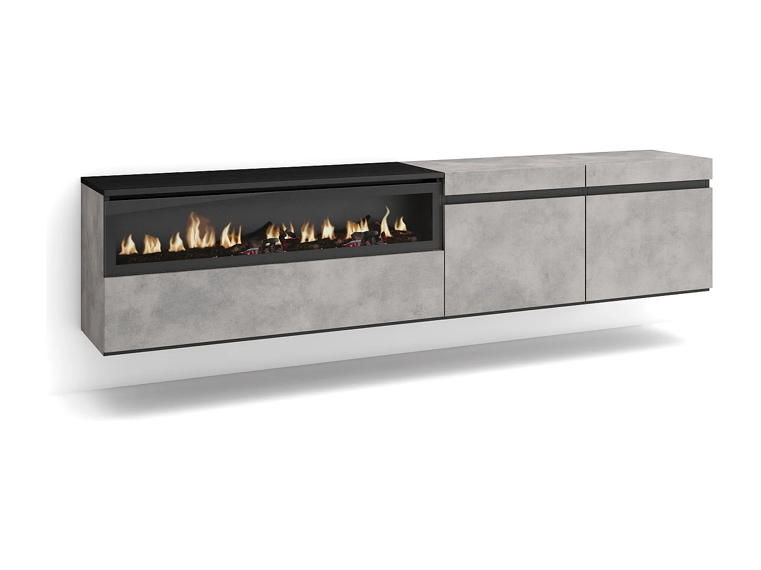 TV-Schrank, Lowboard, 200x35x45cm, Für TV-Geräte bis zu 80", Elektrokamin, Hängend, Zement