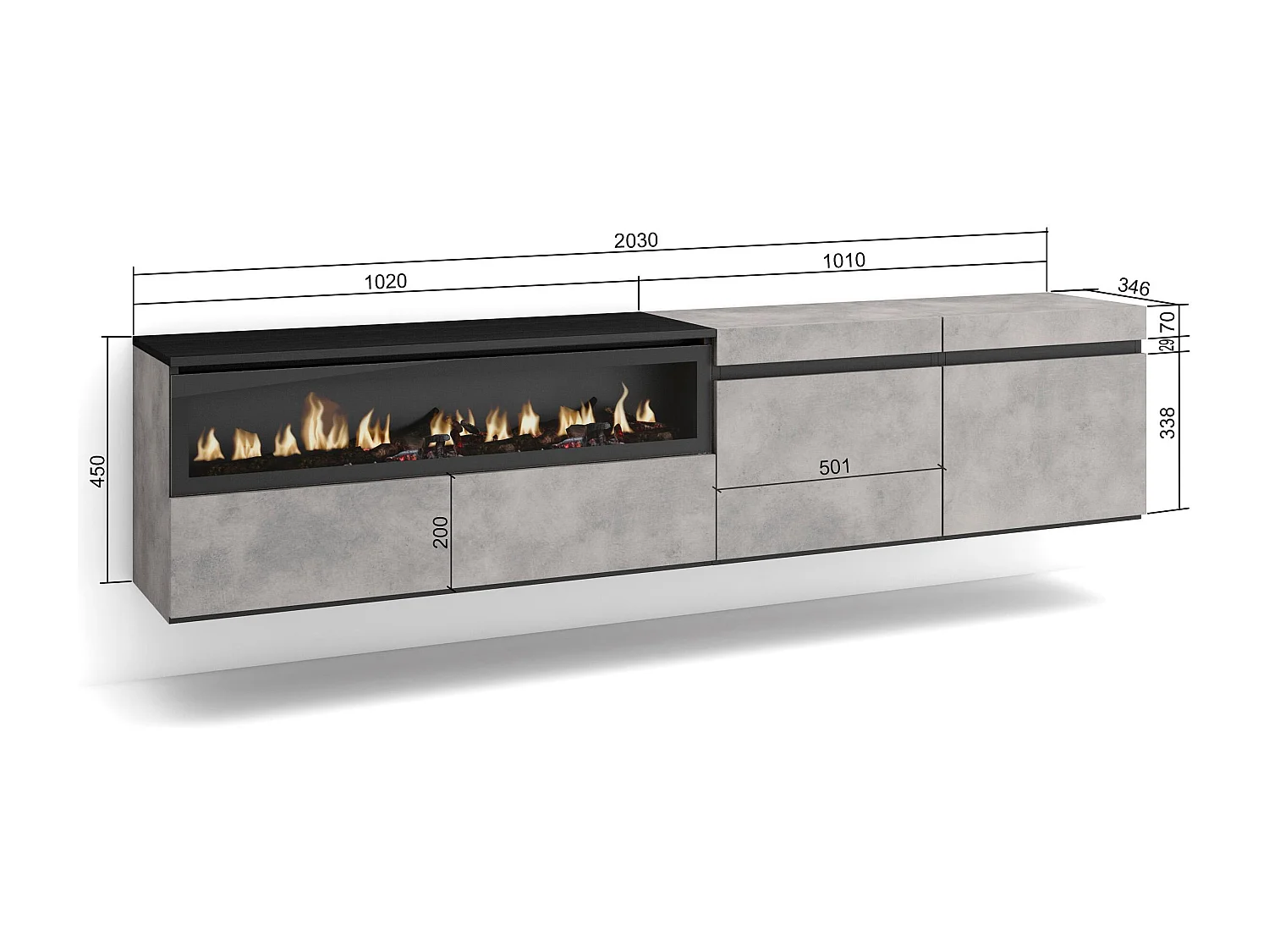 TV-Schrank, Lowboard, 200x35x45cm, Für TV-Geräte bis zu 80", Elektrokamin, Hängend, Zement