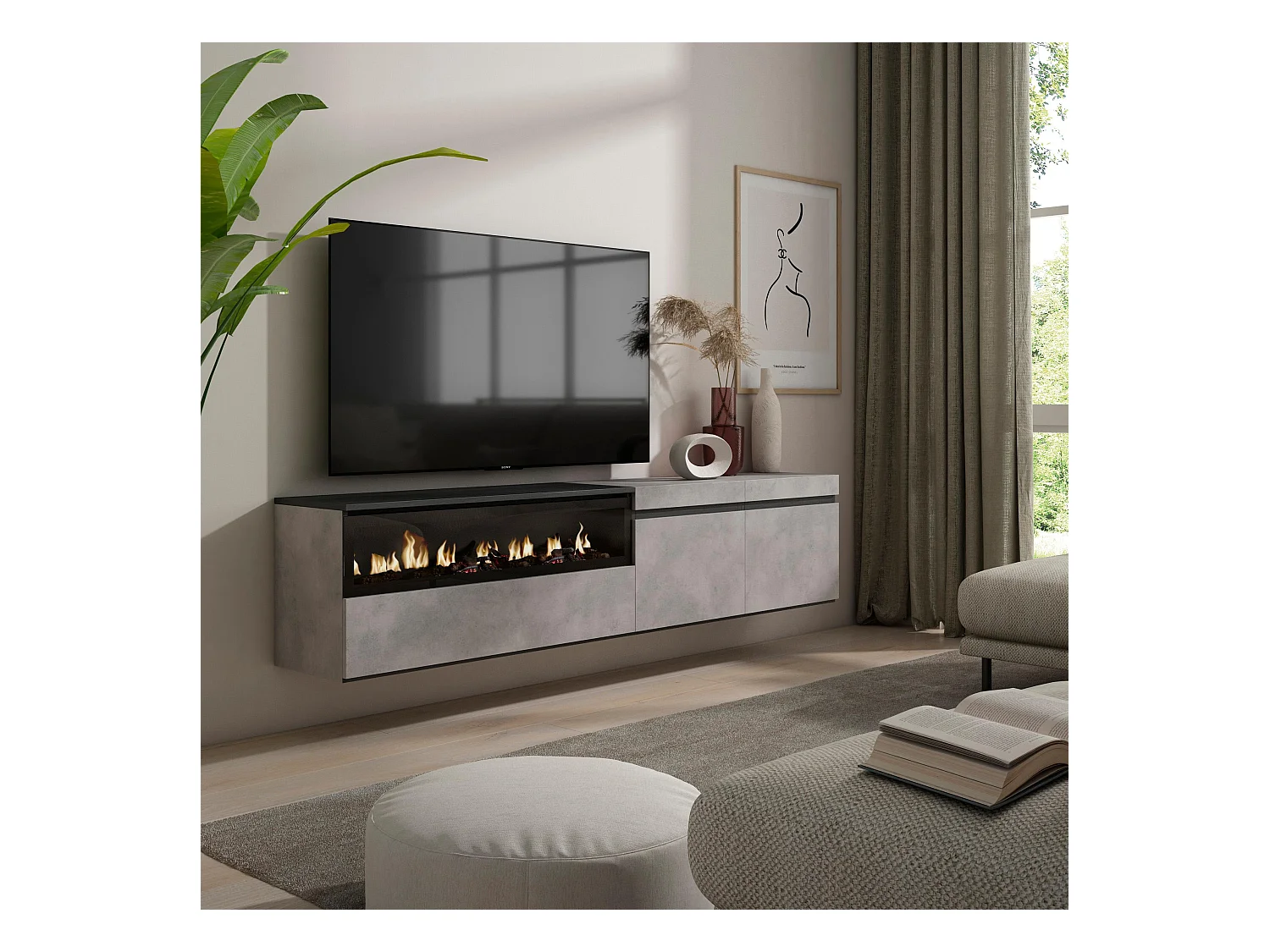 Meuble TV, Banc Télé, 200x35x45cm, Pour les TV jusqu'à 80", Cheminée électrique, Suspendu, Mural, Ciment