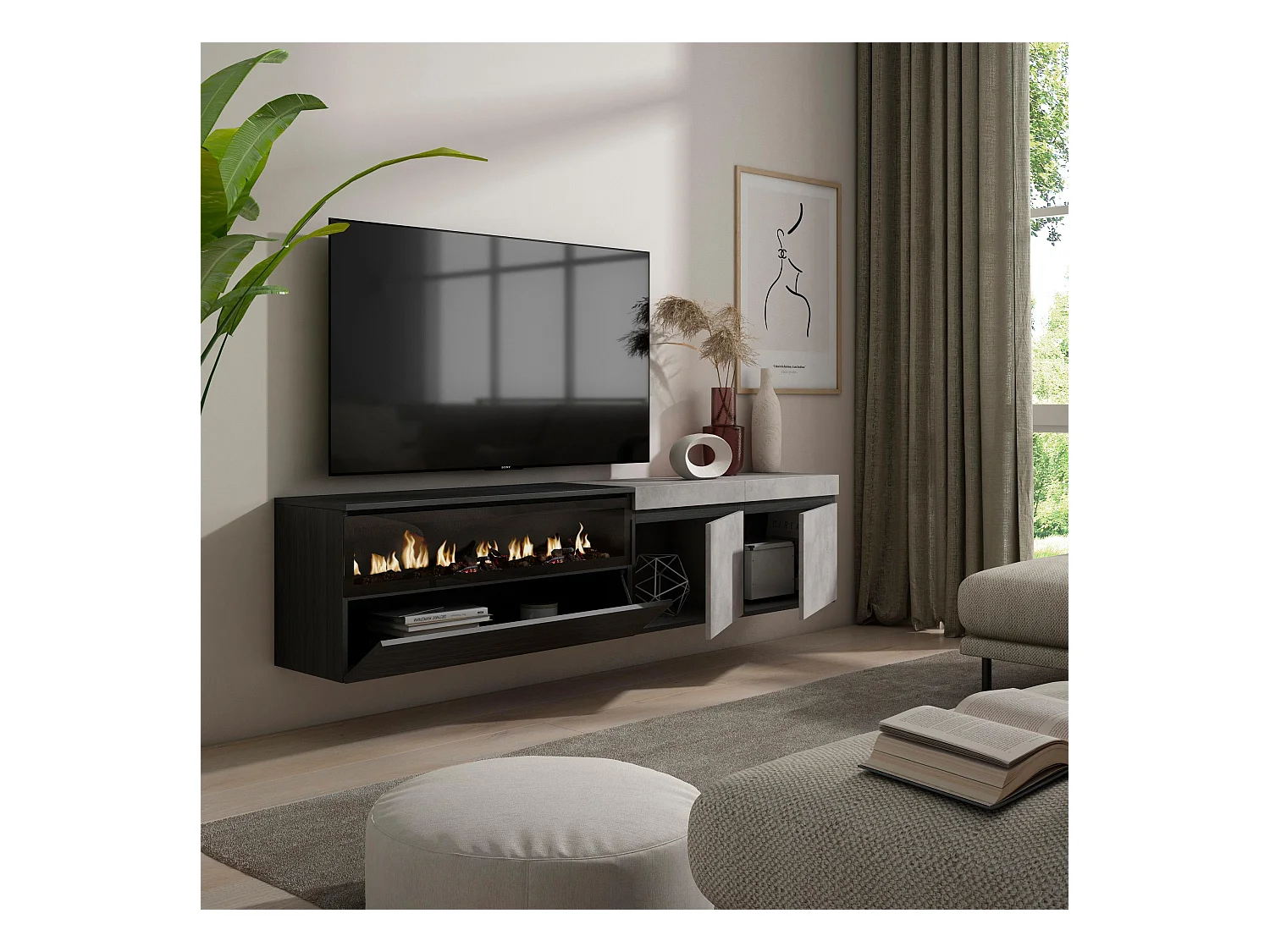 Meuble TV, Banc Télé, 200x35x45cm, Pour les TV jusqu'à 80", Cheminée électrique, Suspendu, Mural, Ciment