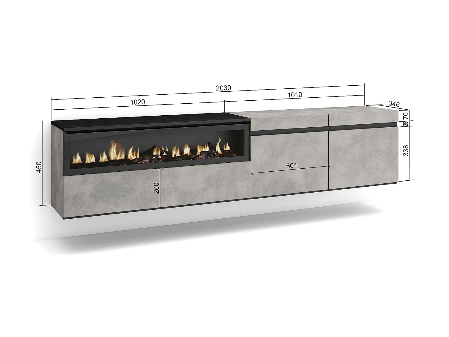 Meuble TV, Banc Télé, 200x35x45cm, Pour les TV jusqu'à 80", Cheminée électrique, Suspendu, Mural, Ciment