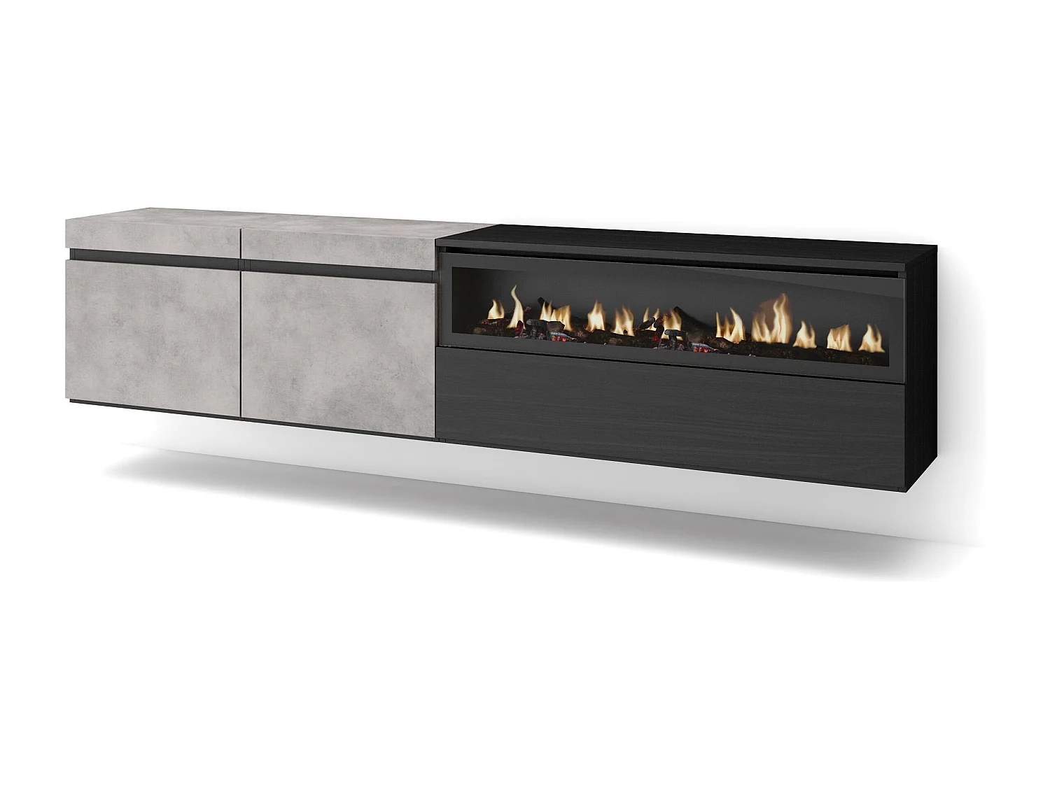 Meuble TV, Banc Télé, 200x35x45cm, Pour les TV jusqu'à 80", Cheminée électrique, Suspendu, Mural, Ciment