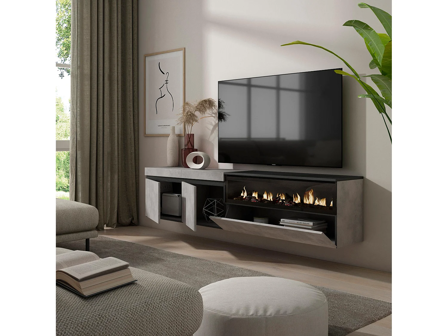 Meuble TV, Banc Télé, 200x35x45cm, Pour les TV jusqu'à 80", Cheminée électrique, Suspendu, Mural, Ciment