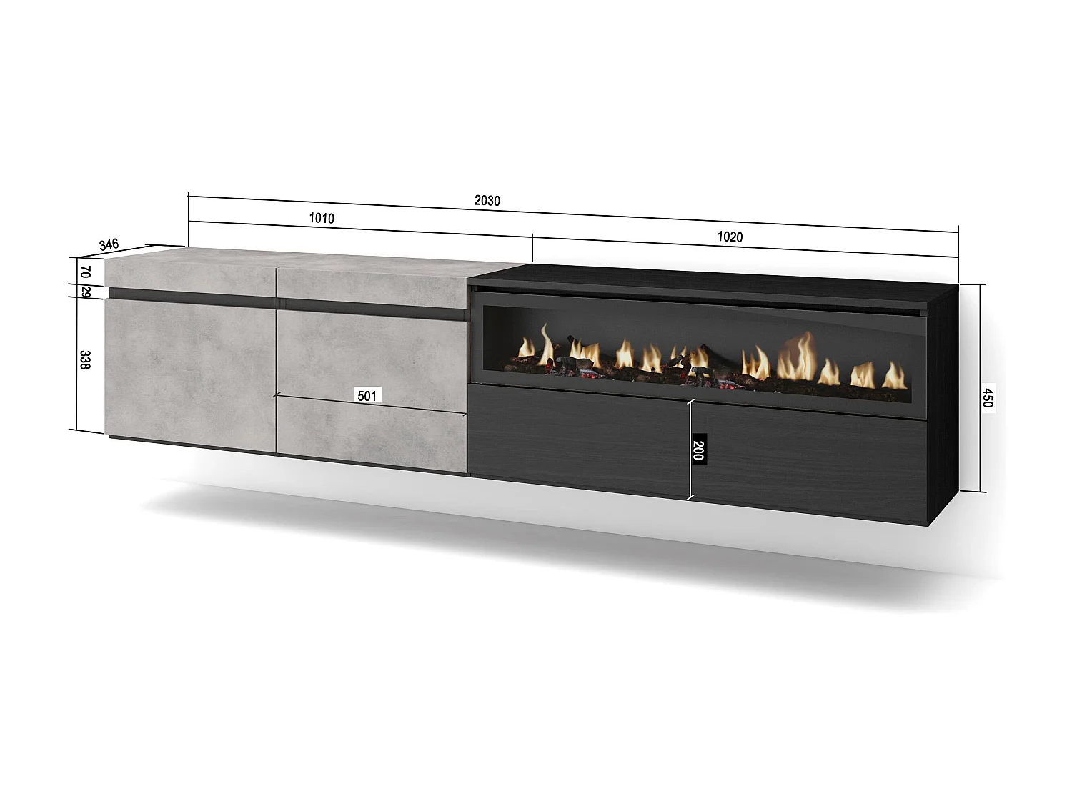 Meuble TV, Banc Télé, 200x35x45cm, Pour les TV jusqu'à 80", Cheminée électrique, Suspendu, Mural, Ciment