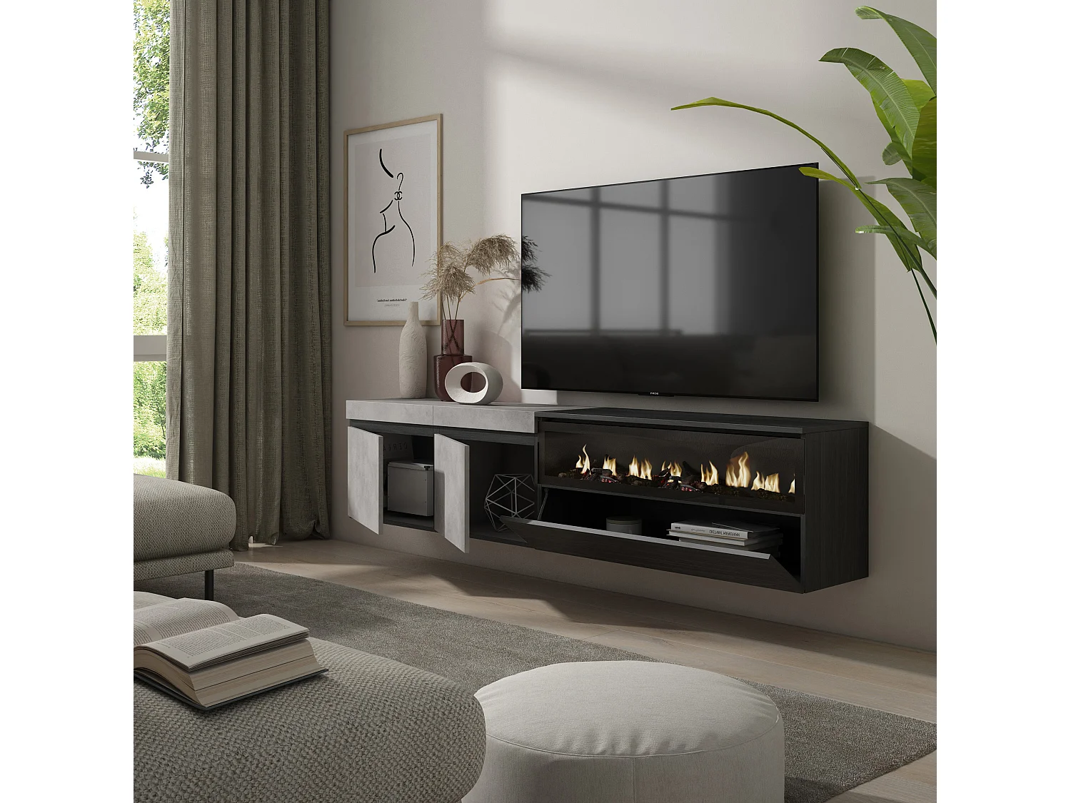 TV-Meubel, Lowboard, 200x35x45cm, Voor tv's tot 80", Elektrische haard, Hangend, Cement