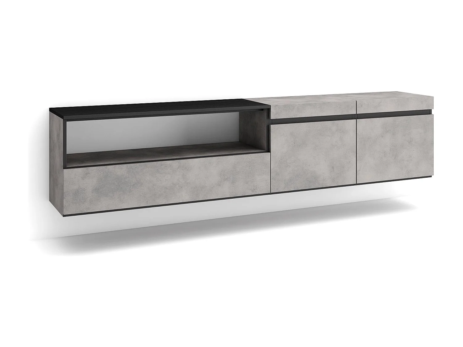 Meuble TV, Banc Télé, 200x35x45cm, Pour les TV jusqu'à 80", Suspendu, Mural, Ciment