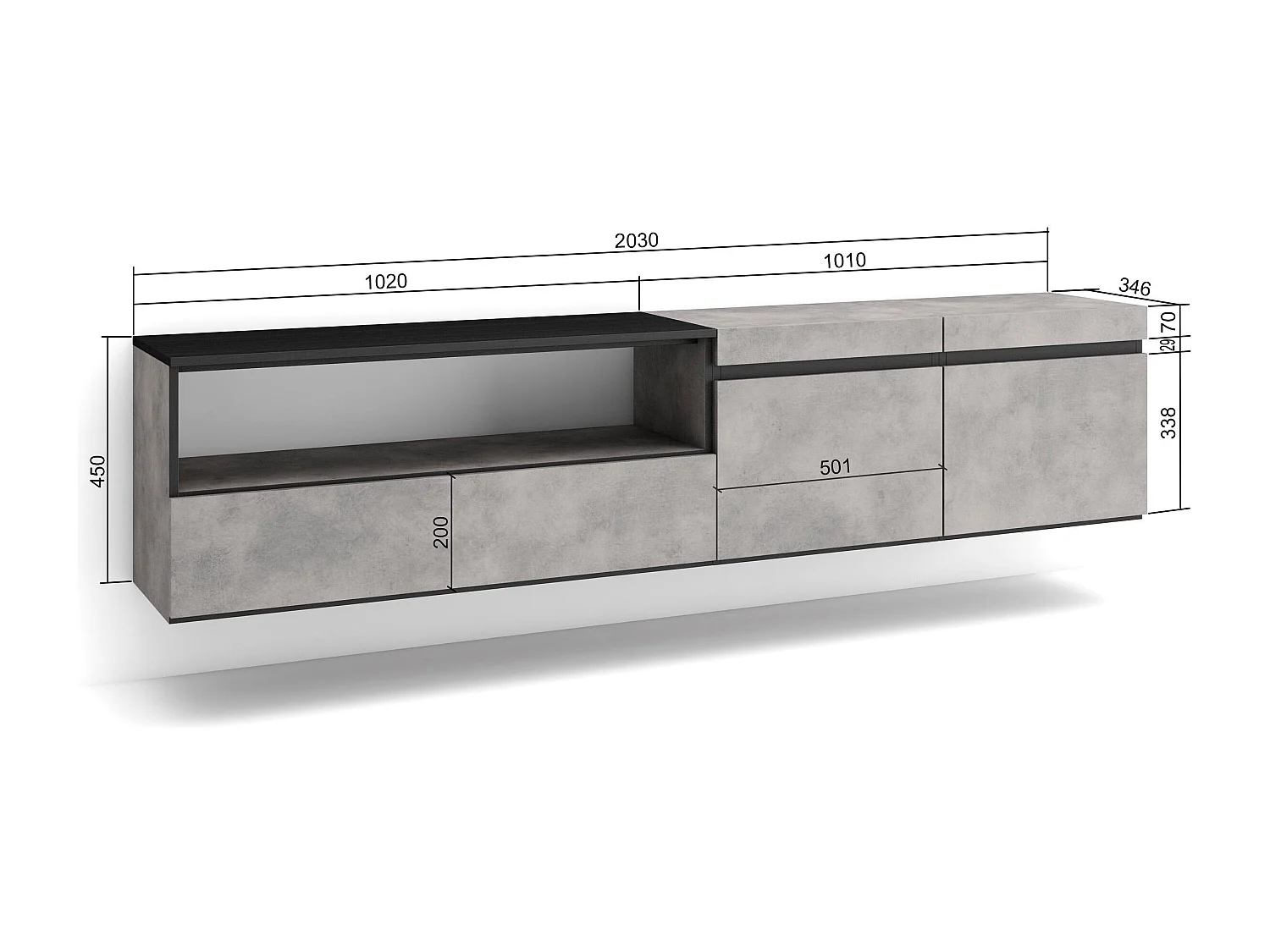 Meuble TV, Banc Télé, 200x35x45cm, Pour les TV jusqu'à 80", Suspendu, Mural, Ciment