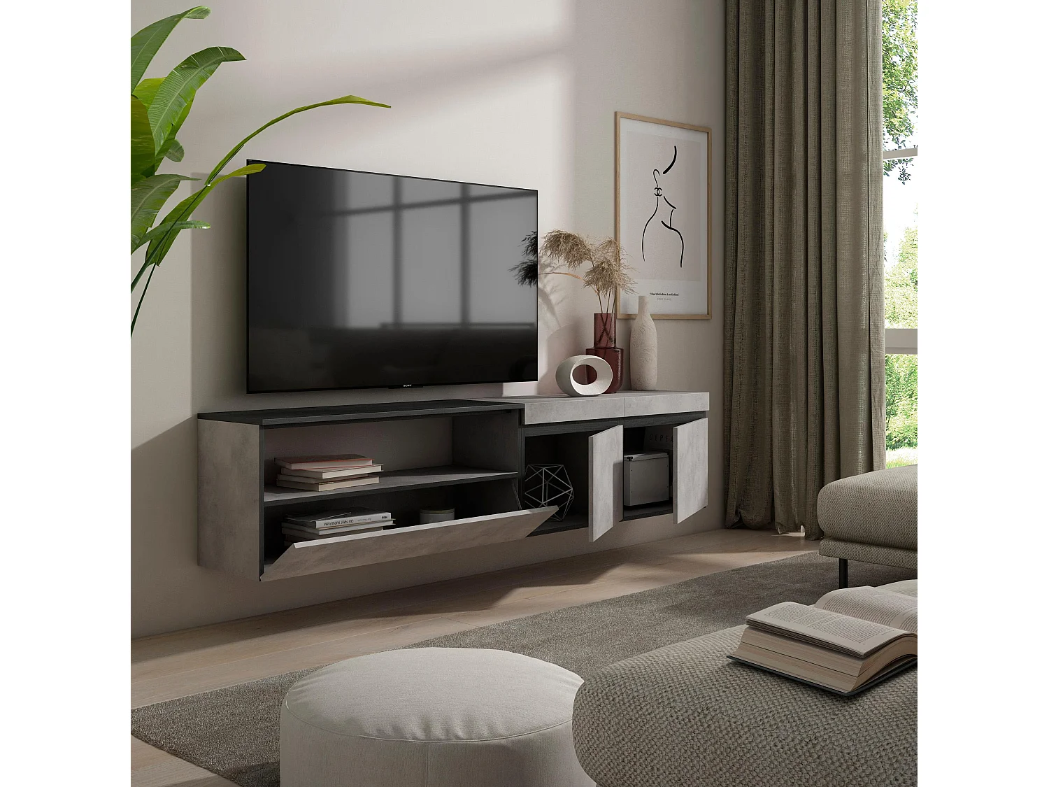 TV-Meubel, Lowboard, 200x35x45cm, Voor tv's tot 80", Hangend, Cement