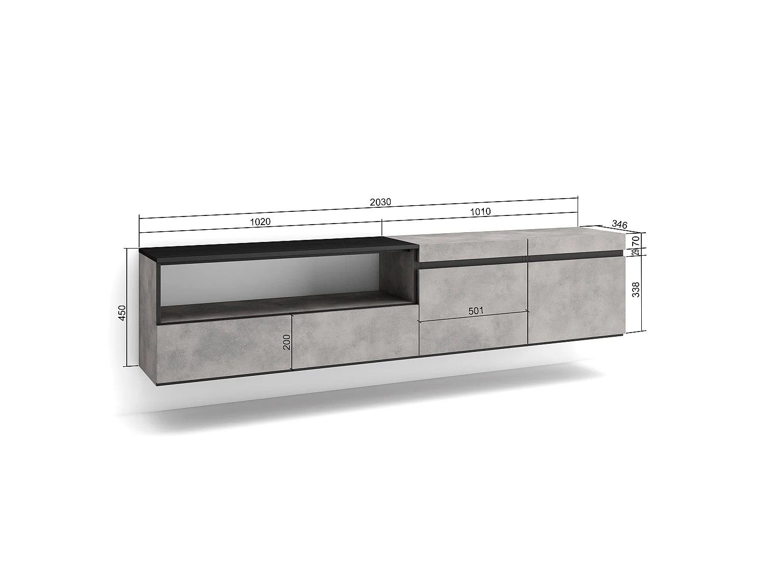 TV-Meubel, Lowboard, 200x35x45cm, Voor tv's tot 80", Hangend, Cement