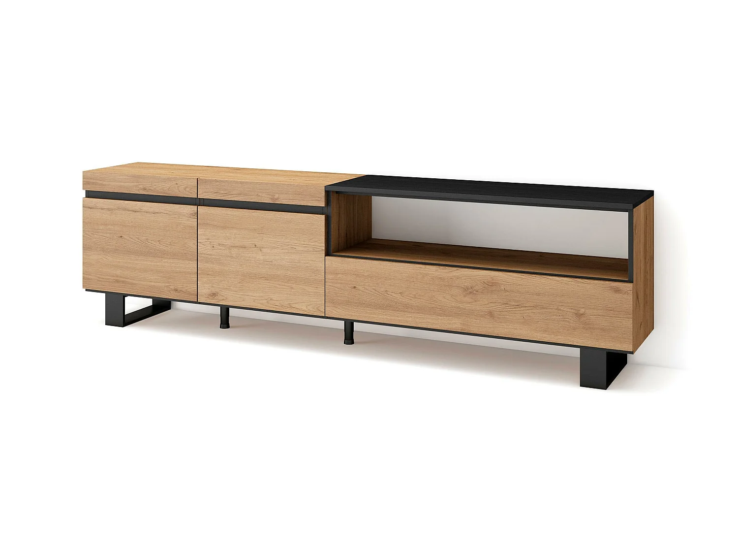 Meuble TV, Banc Télé, 200x35x57cm, Pour les TV jusqu'à 80", Design industriel, Chêne et noir
