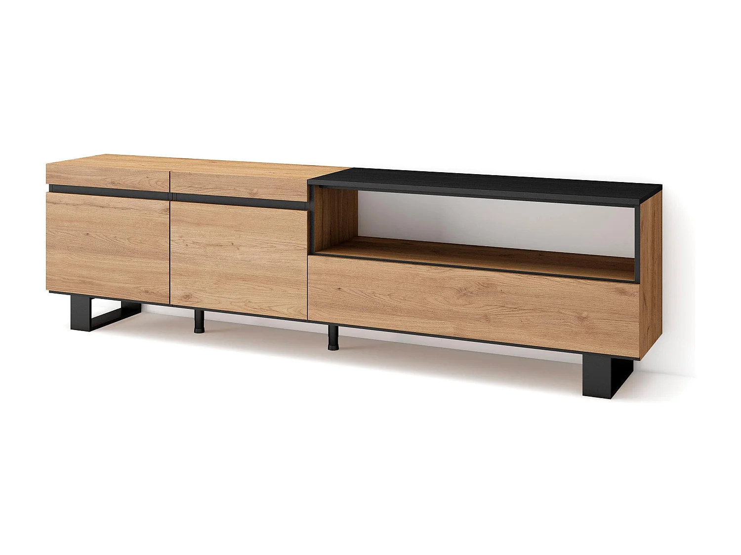 Meuble TV, Banc Télé, 200x35x57cm, Pour les TV jusqu'à 80", Design industriel, Chêne et noir