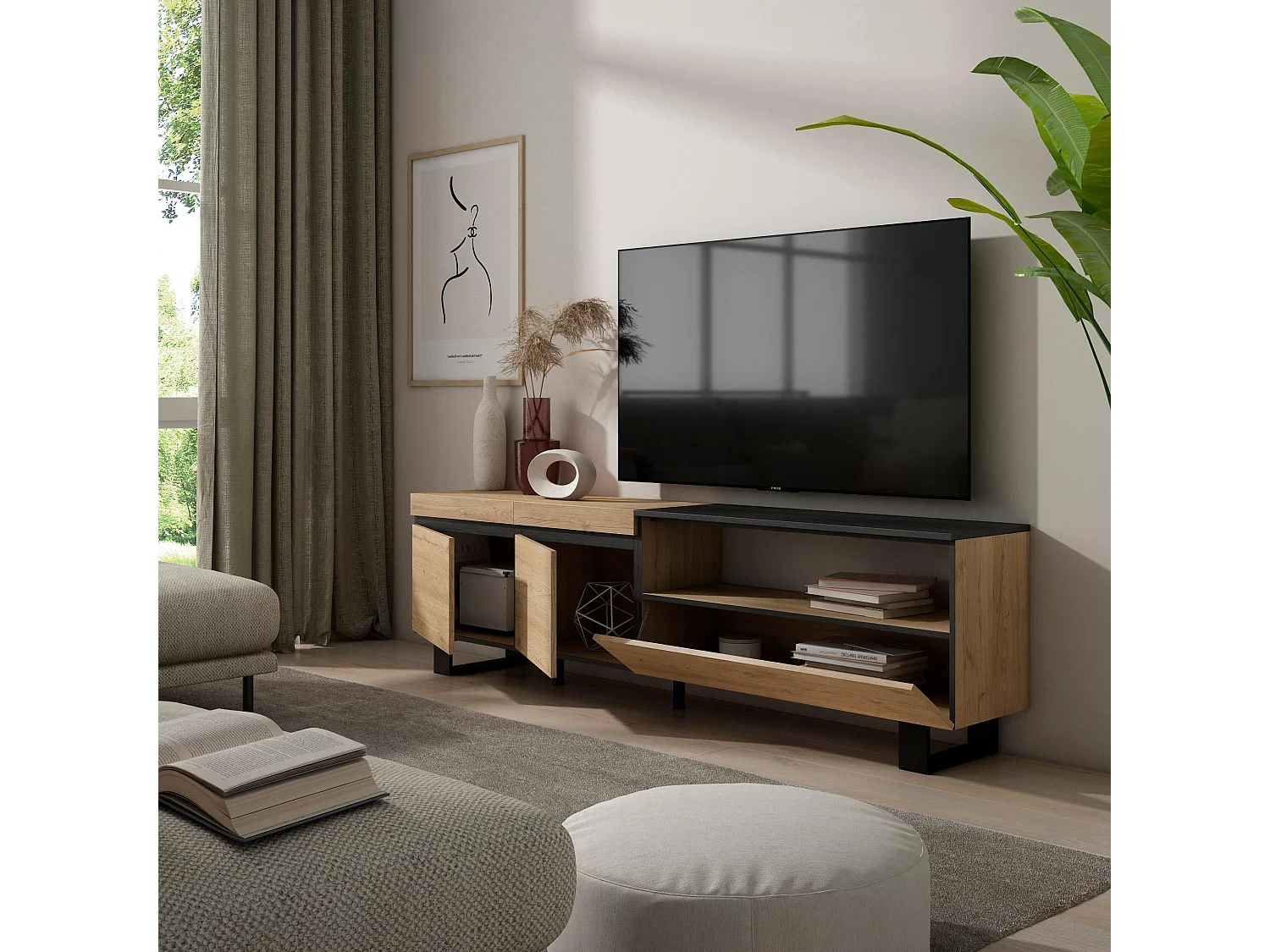 Meuble TV, Banc Télé, 200x35x57cm, Pour les TV jusqu'à 80", Design industriel, Chêne et noir