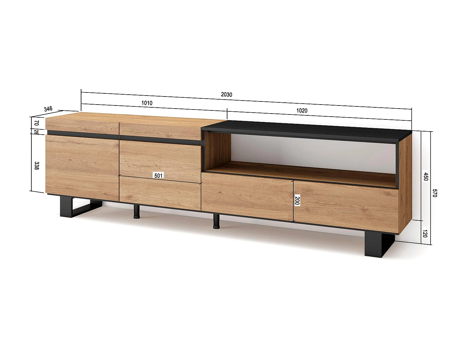 Meuble TV, Banc Télé, 200x35x57cm, Pour les TV jusqu'à 80", Design industriel, Chêne et noir