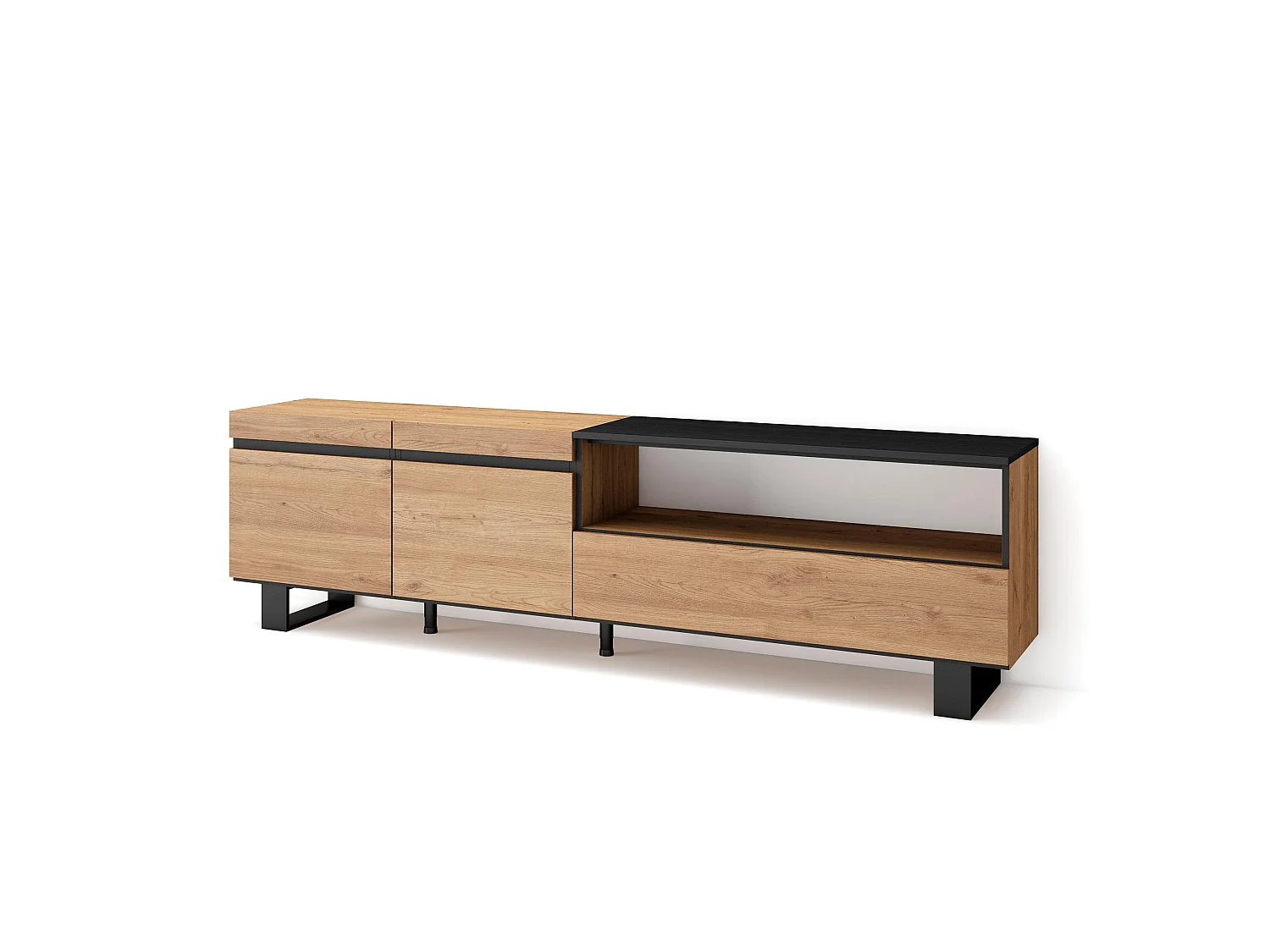 TV-Meubel, Lowboard, 200x35x57cm, Voor tv's tot 80", Industrieel design, Eiken/Zwart