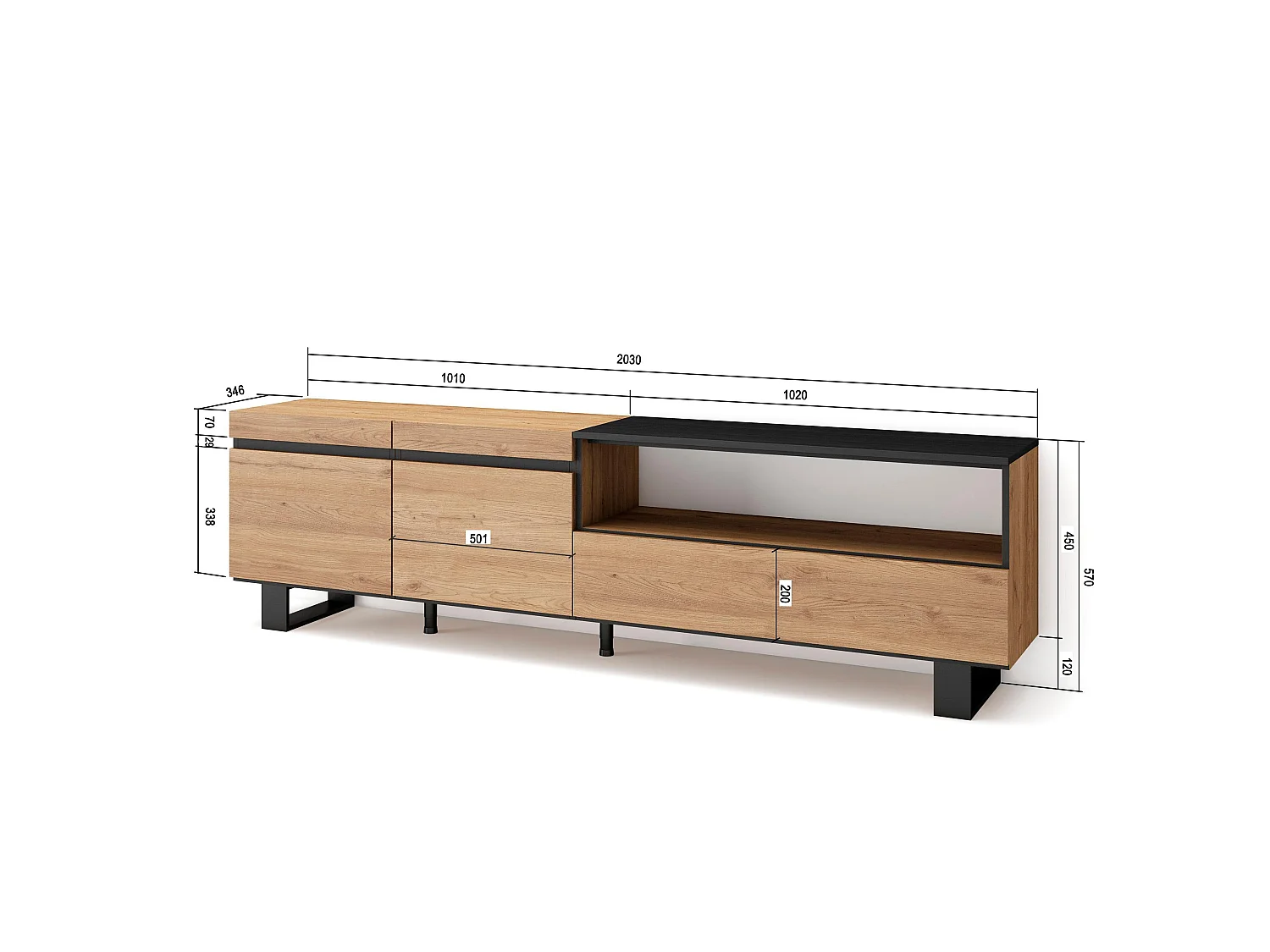 TV-Meubel, Lowboard, 200x35x57cm, Voor tv's tot 80", Industrieel design, Eiken/Zwart