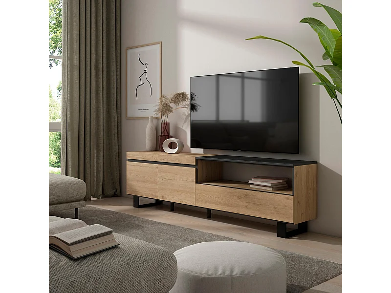 Meuble TV, Banc Télé, 200x35x57cm, Pour les TV jusqu'à 80", Design industriel, Chêne et noir