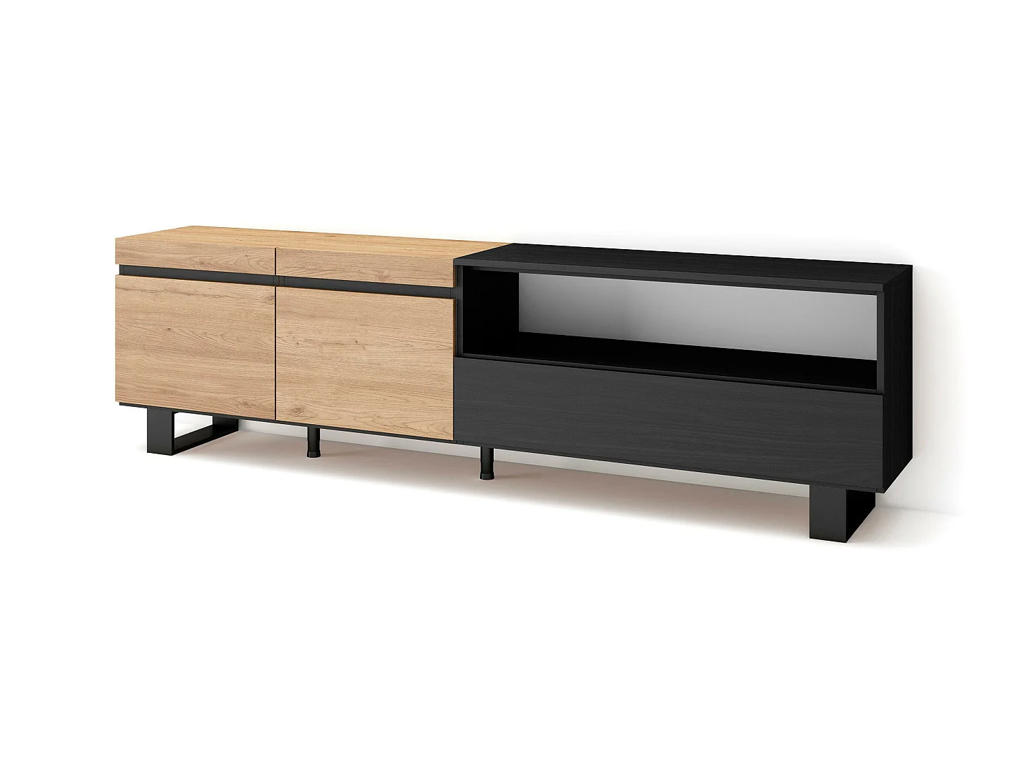 Meuble TV, Banc Télé, 200x35x57cm, Pour les TV jusqu'à 80", Design industriel, Chêne et noir