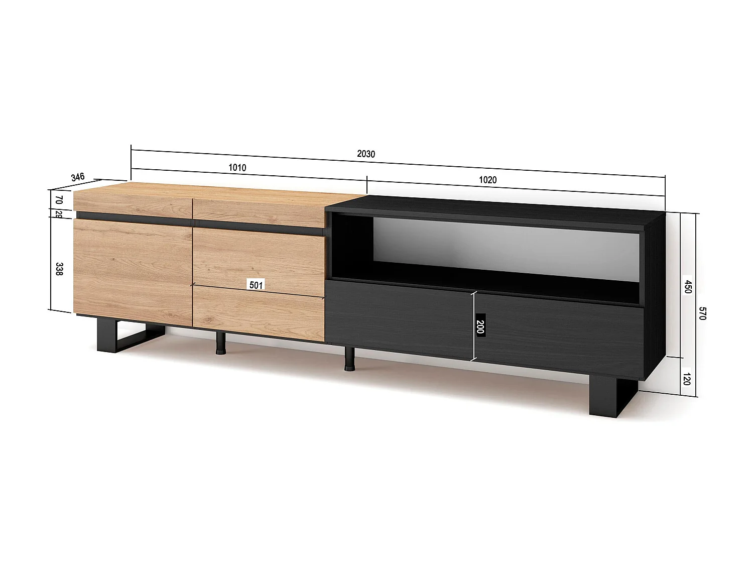 TV-Meubel, Lowboard, 200x35x57cm, Voor tv's tot 80", Industrieel design, Eiken/Zwart