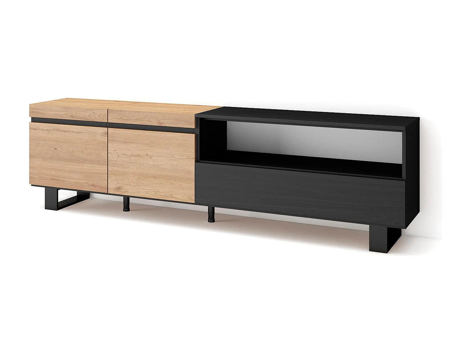 TV-Schrank, Lowboard, 200x35x57cm, Für TV-Geräte bis zu 80", Industriedesign, Eiche Schwarz