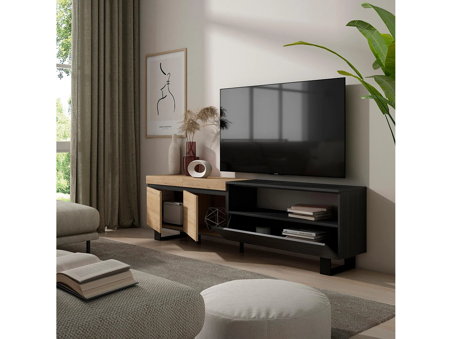 TV-Schrank, Lowboard, 200x35x57cm, Für TV-Geräte bis zu 80", Industriedesign, Eiche Schwarz