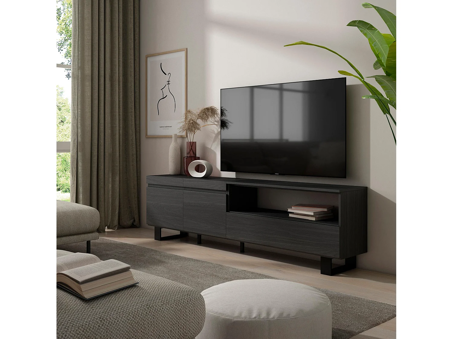 TV-Schrank, Lowboard, 200x35x57cm, Für TV-Geräte bis zu 80", Industriedesign, Schwarz