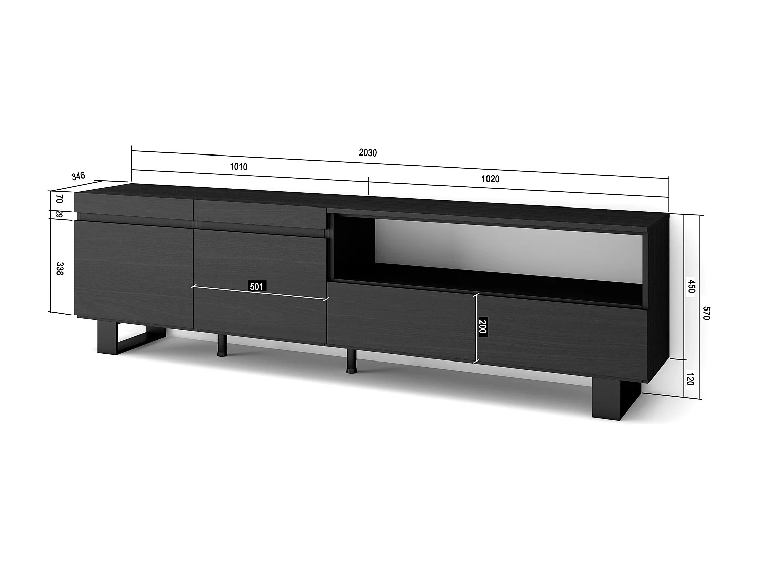 Meuble TV, Banc Télé, 200x35x57cm, Pour les TV jusqu'à 80", Design industriel, Noir