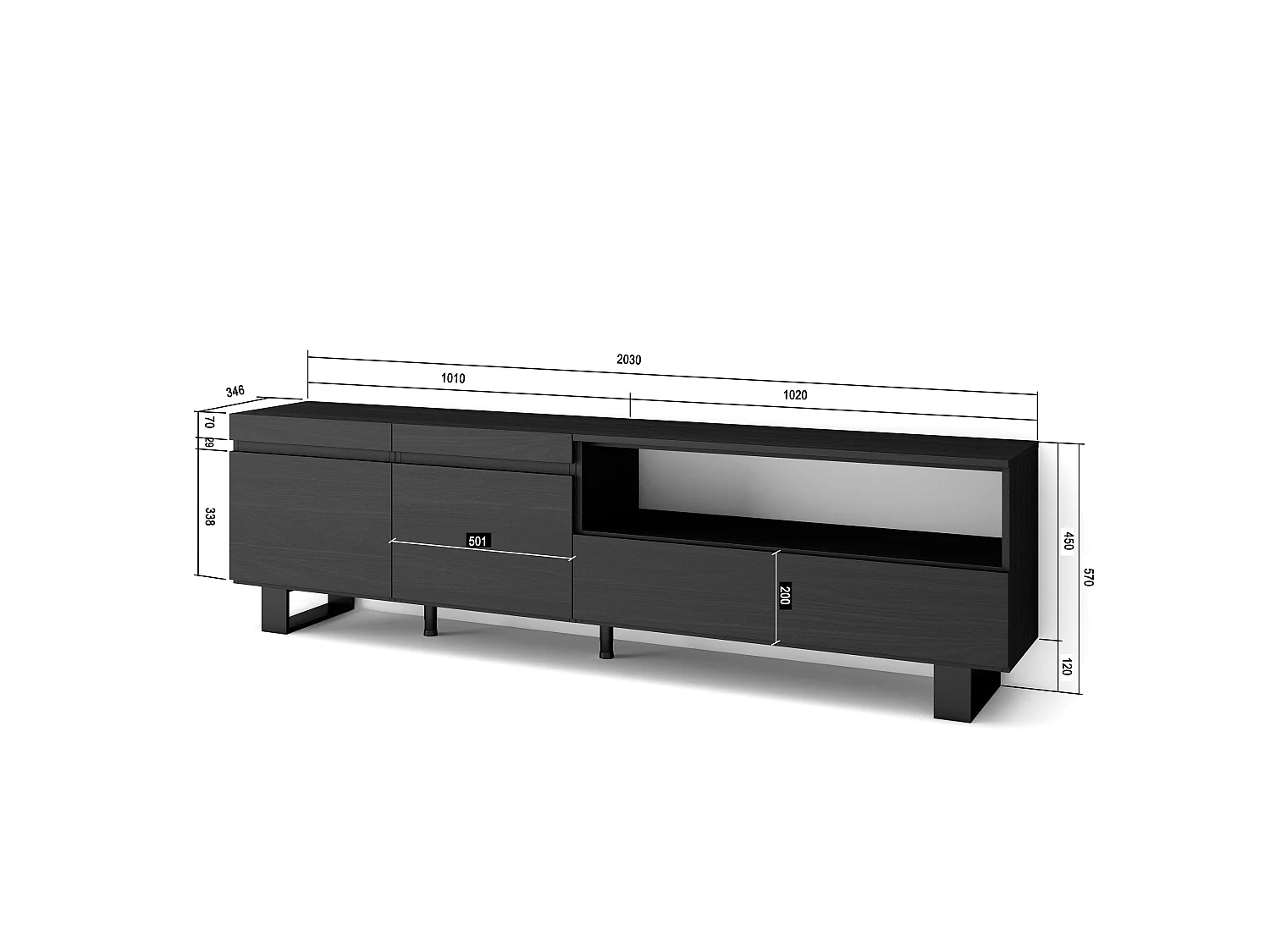 Mobile TV Soggiorno, 200x35x57cm, Per TV fino a 80", Design industriale, Nero