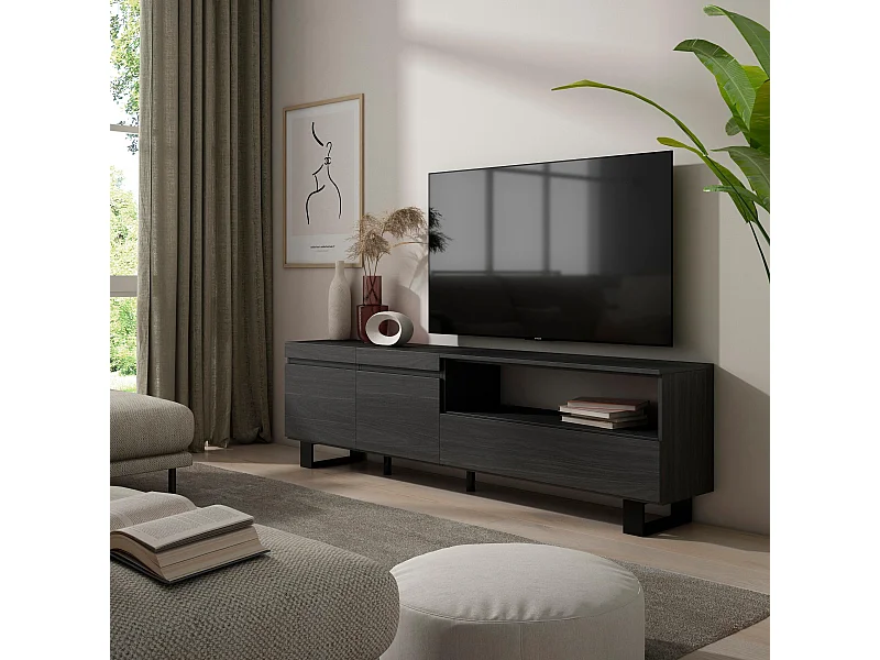 TV-Meubel, Lowboard, 200x35x57cm, Voor tv's tot 80", Industrieel design, Zwart