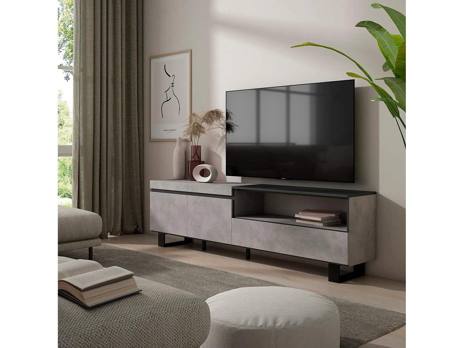 Meuble TV, Banc Télé, 200x35x57cm, Pour les TV jusqu'à 80", Design industriel, Ciment