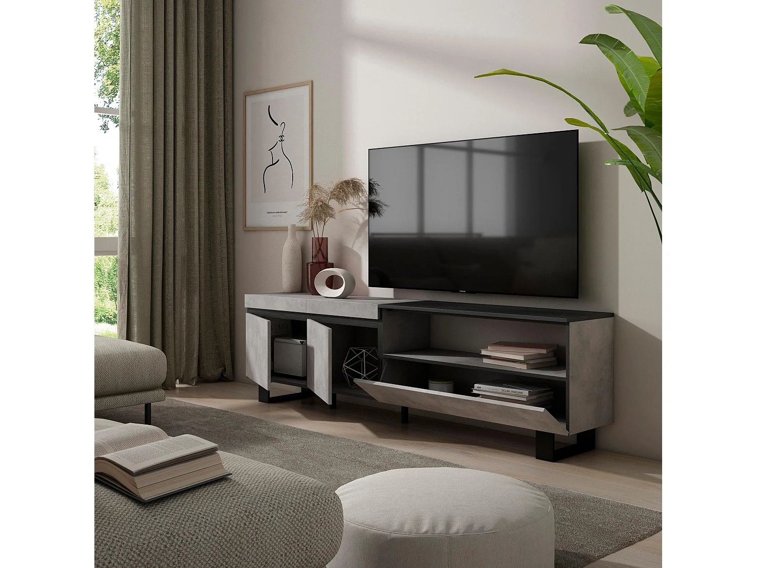 Meuble TV, Banc Télé, 200x35x57cm, Pour les TV jusqu'à 80", Design industriel, Ciment