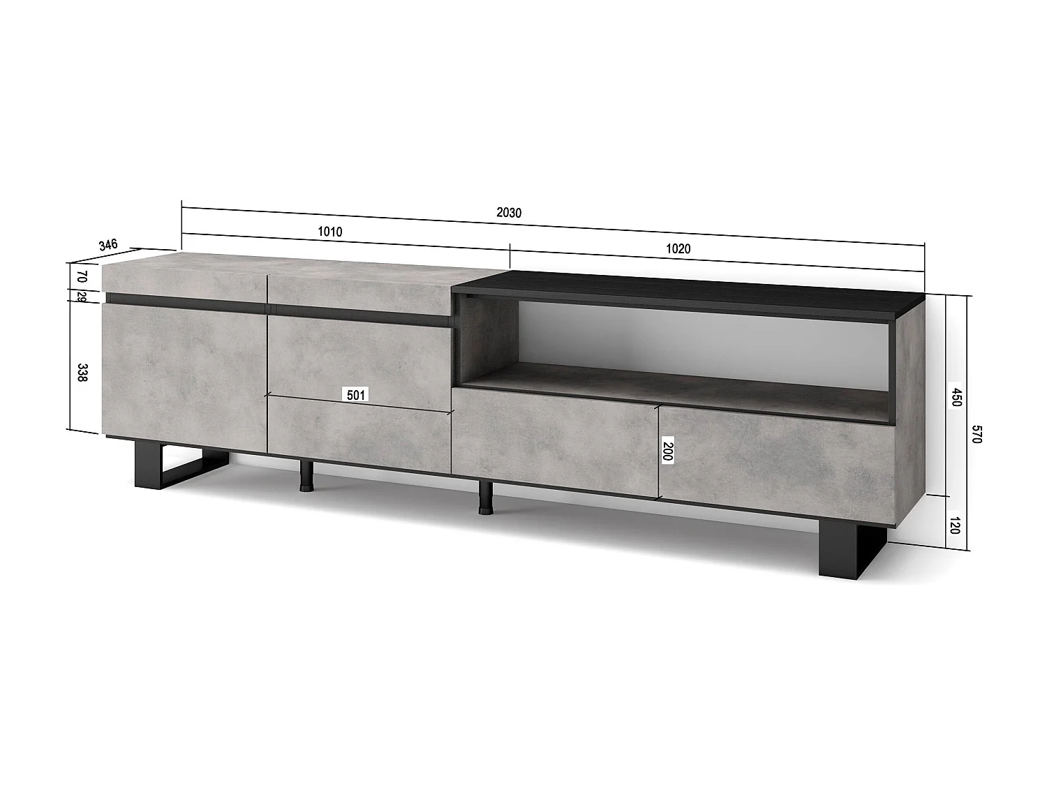 Meuble TV, Banc Télé, 200x35x57cm, Pour les TV jusqu'à 80", Design industriel, Ciment