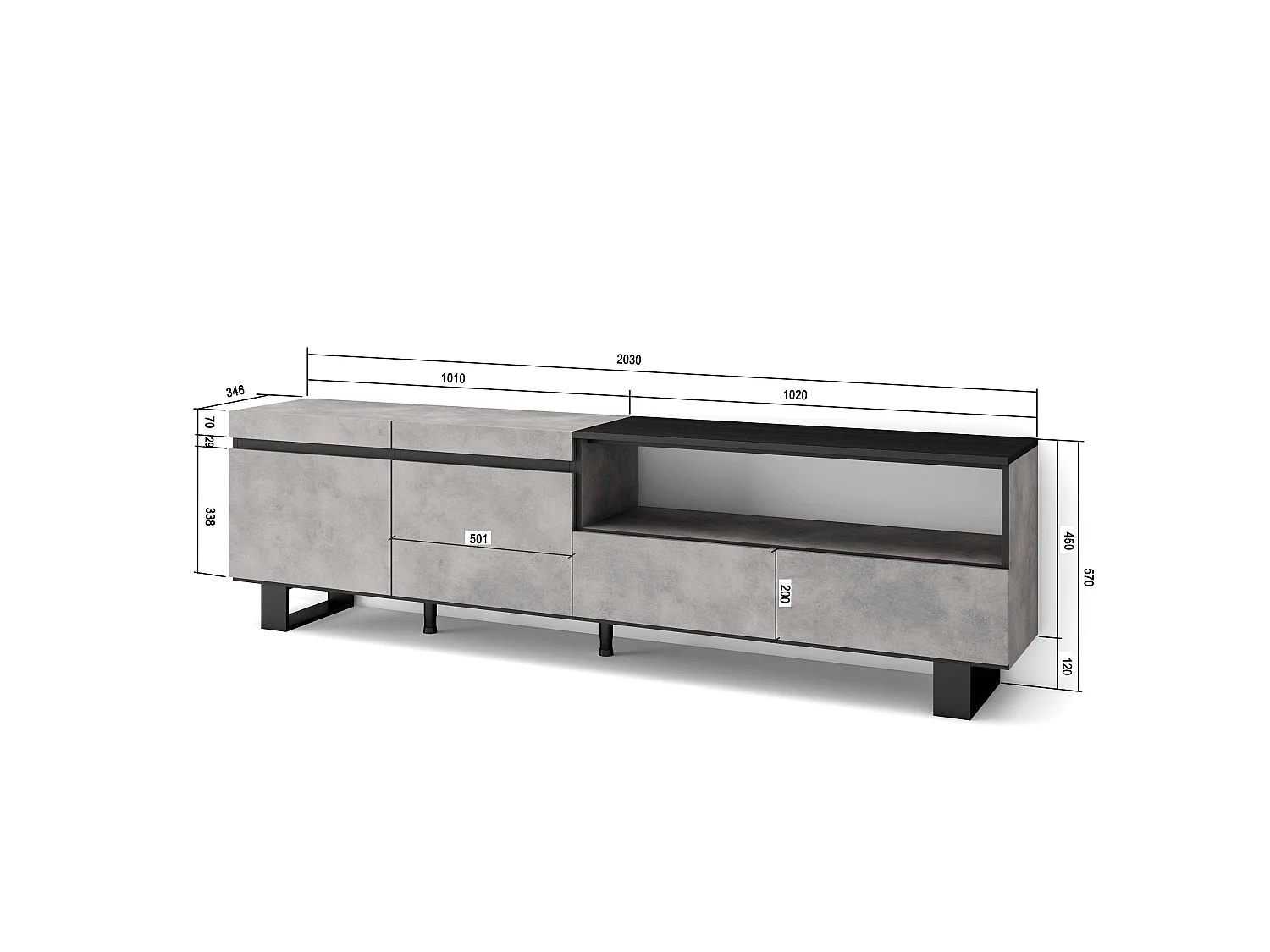 TV-Meubel, Lowboard, 200x35x57cm, Voor tv's tot 80", Industrieel design, Cement