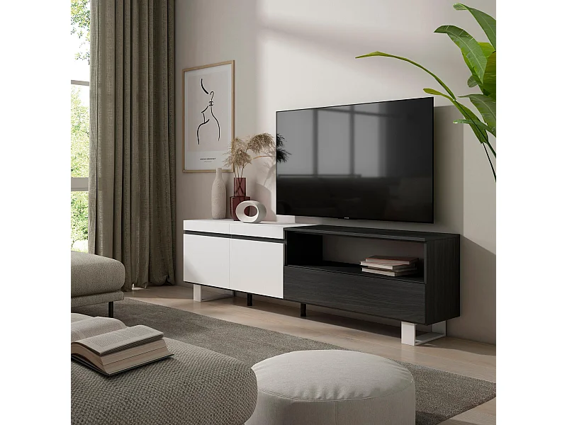 Mobile TV Soggiorno, 200x35x57cm, Per TV fino a 80", Design industriale, Bianco e nero