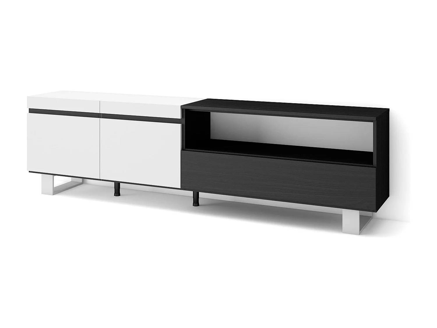 Meuble TV, Banc Télé, 200x35x57cm, Pour les TV jusqu'à 80", Design industriel, Blanc et noir