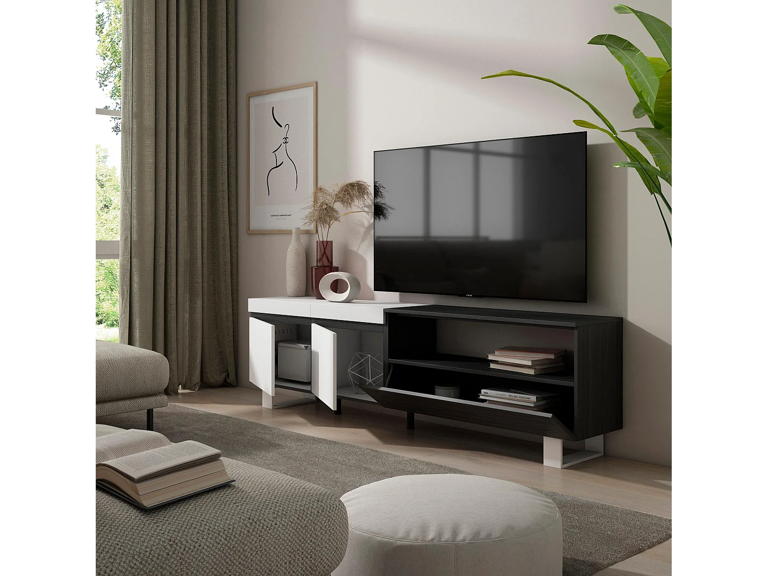 Meuble TV, Banc Télé, 200x35x57cm, Pour les TV jusqu'à 80", Design industriel, Blanc et noir